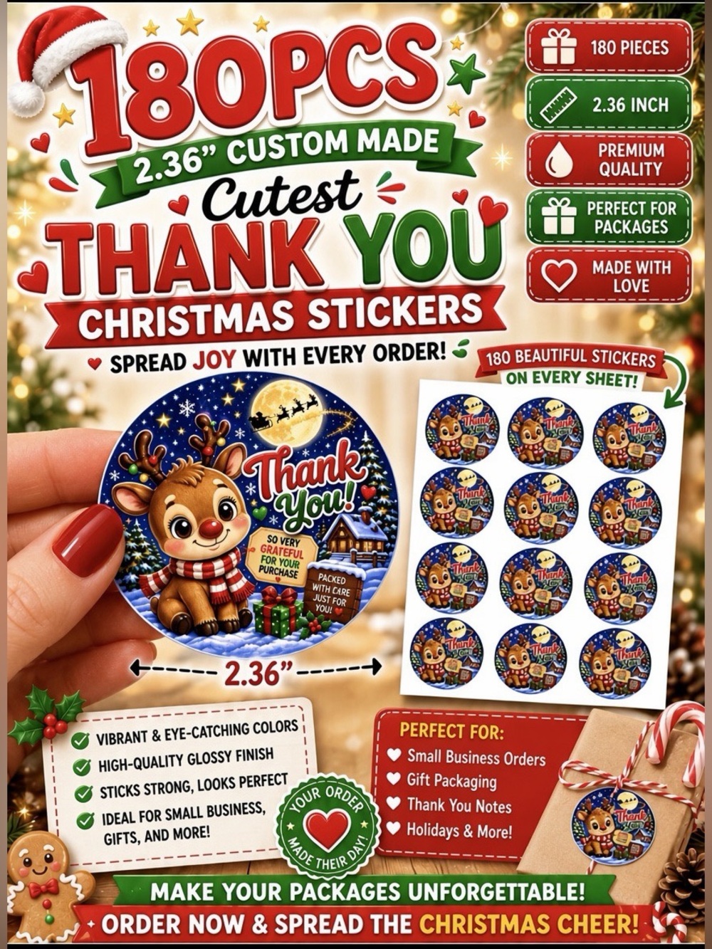 180PC Large Thank You Stickers- Custom Made Christmas Reindeer